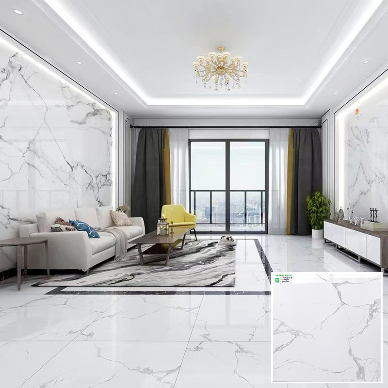 กระเบื้องพื้น Porcelain 600x600 เคลือบเงา Carrara White Marble Look Design