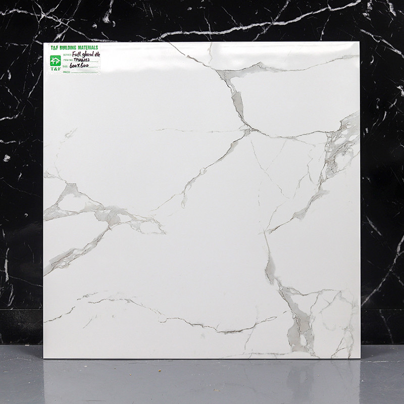 กระเบื้องพื้น Porcelain 600x600 เคลือบเงา Carrara White Marble Look Design