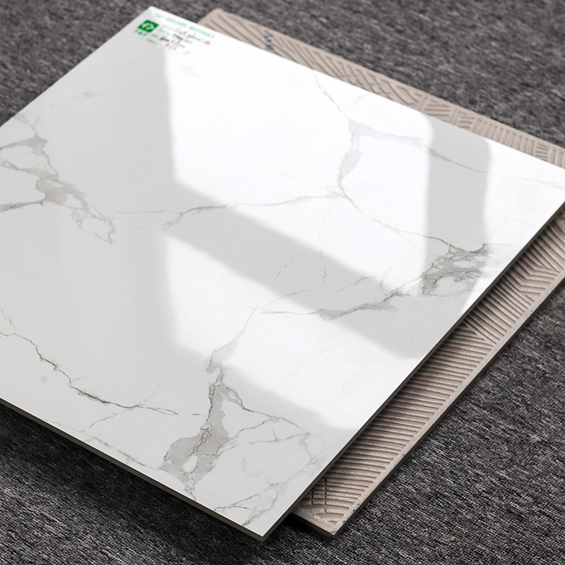 กระเบื้องพื้น Porcelain 600x600 เคลือบเงา Carrara White Marble Look Design