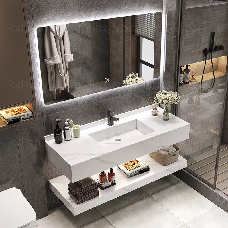 Oem ห้องน้ำ Vanity Units Sintered Stone Countertop อ่างล้างหน้า Led Mirror Storage Cabinets