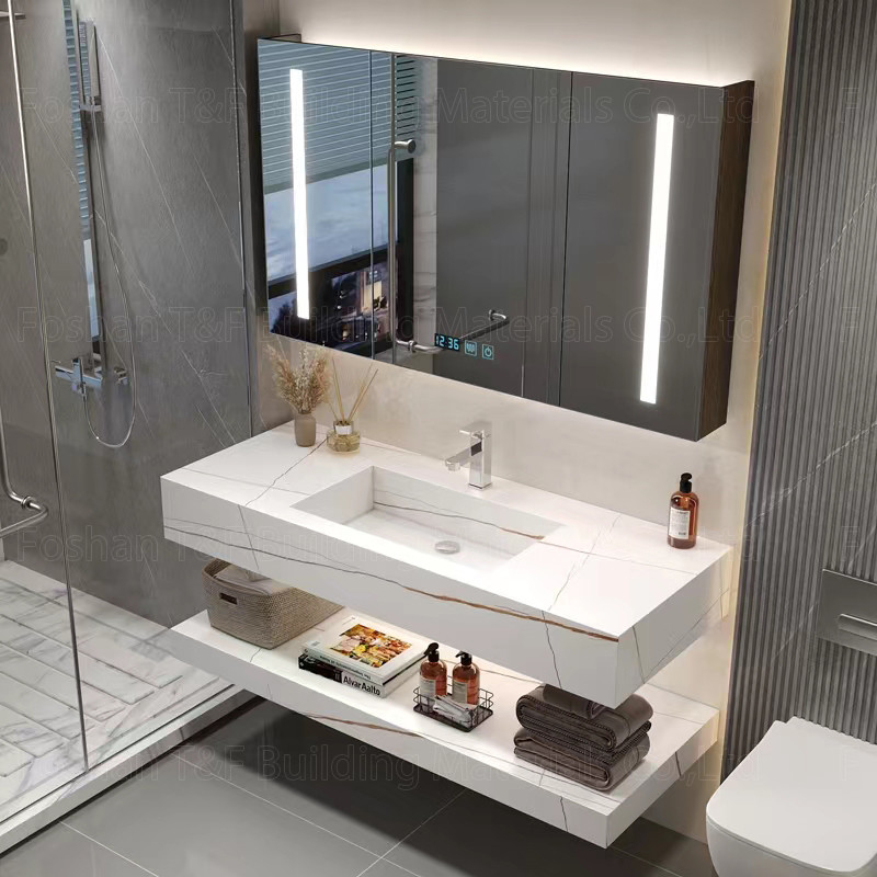 Oem ห้องน้ำ Vanity Units Sintered Stone Countertop อ่างล้างหน้า Led Mirror Storage Cabinets