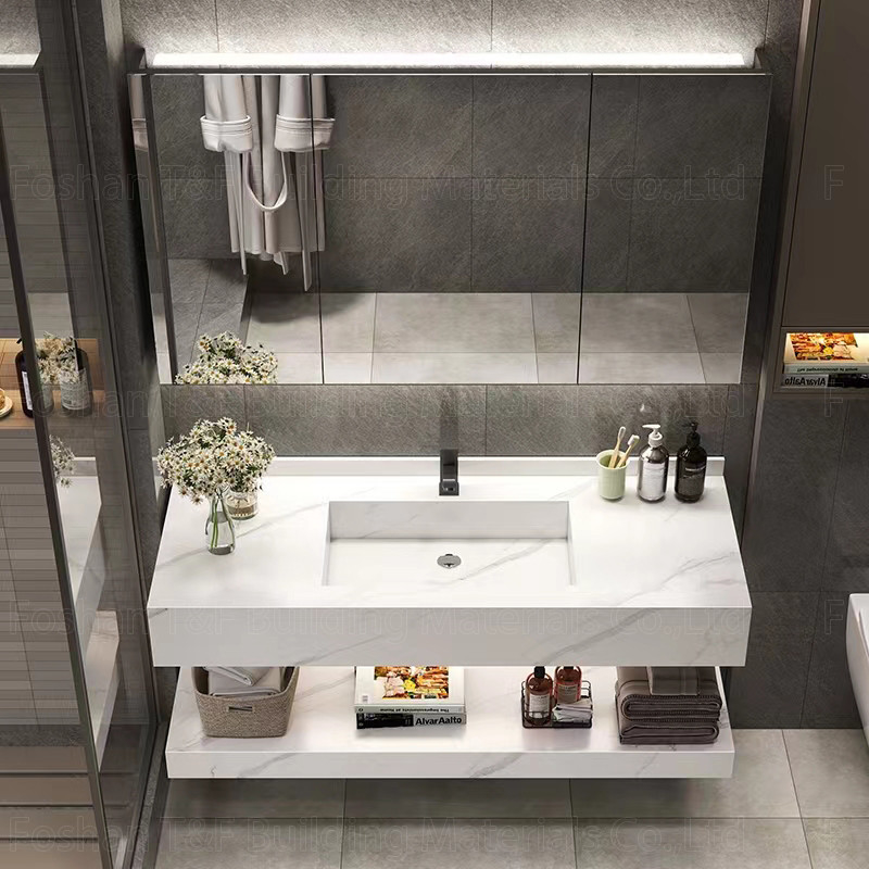 Oem ห้องน้ำ Vanity Units Sintered Stone Countertop อ่างล้างหน้า Led Mirror Storage Cabinets