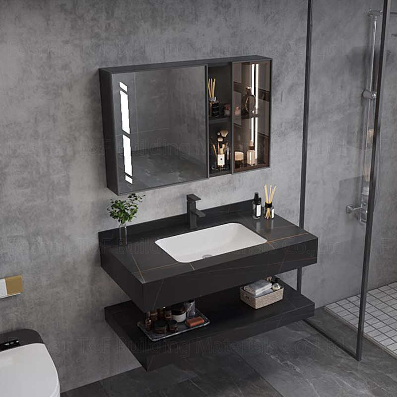 Modern Marble Hotel ห้องน้ำ Vanity Sintered Stone Basin Sink Cabinet Smart Led Mirror
