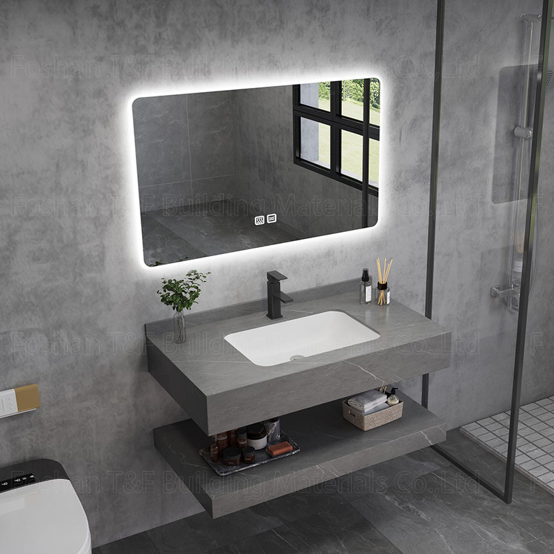 Modern Marble Hotel ห้องน้ำ Vanity Sintered Stone Basin Sink Cabinet Smart Led Mirror