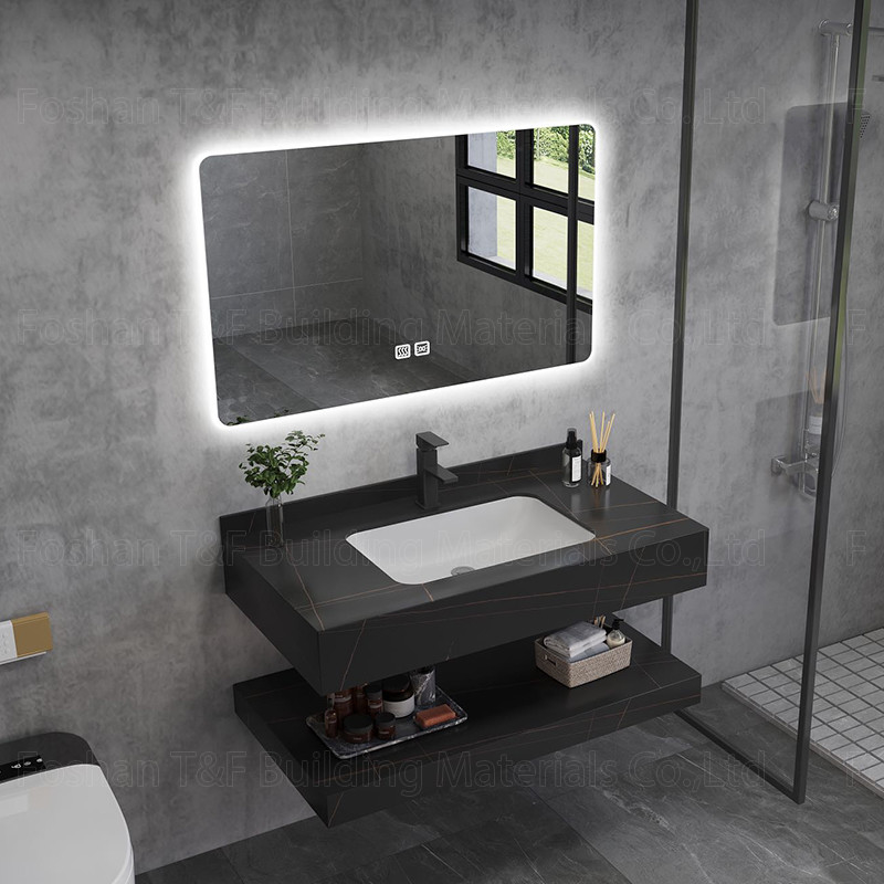 Modern Marble Hotel ห้องน้ำ Vanity Sintered Stone Basin Sink Cabinet Smart Led Mirror