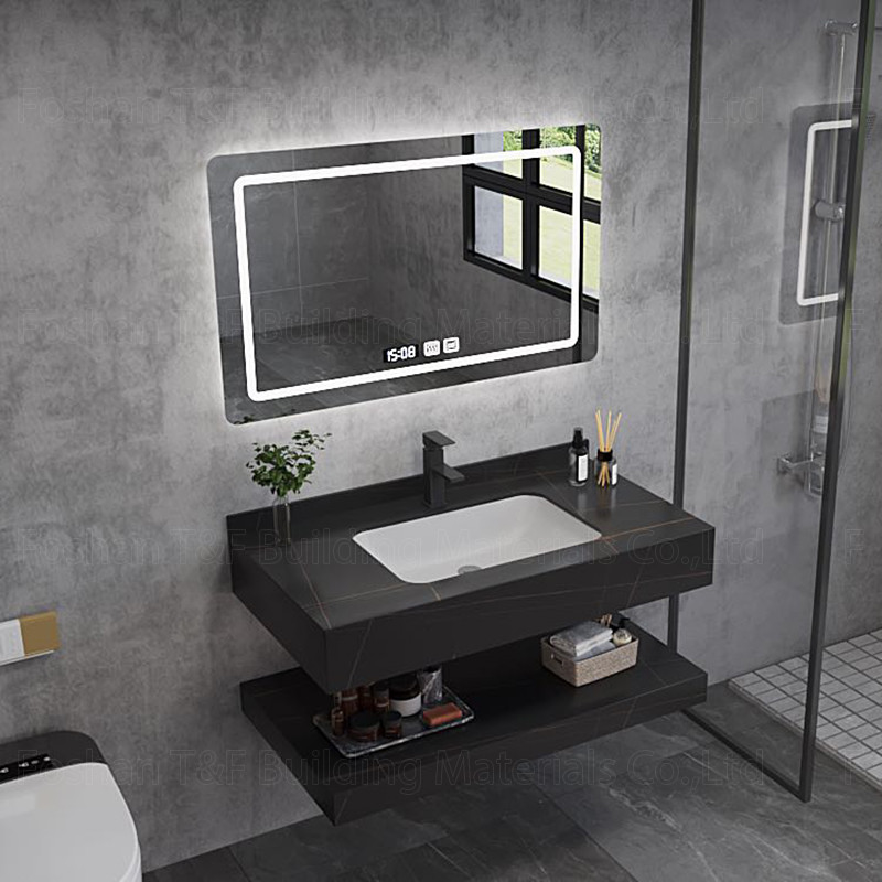 Modern Marble Hotel ห้องน้ำ Vanity Sintered Stone Basin Sink Cabinet Smart Led Mirror