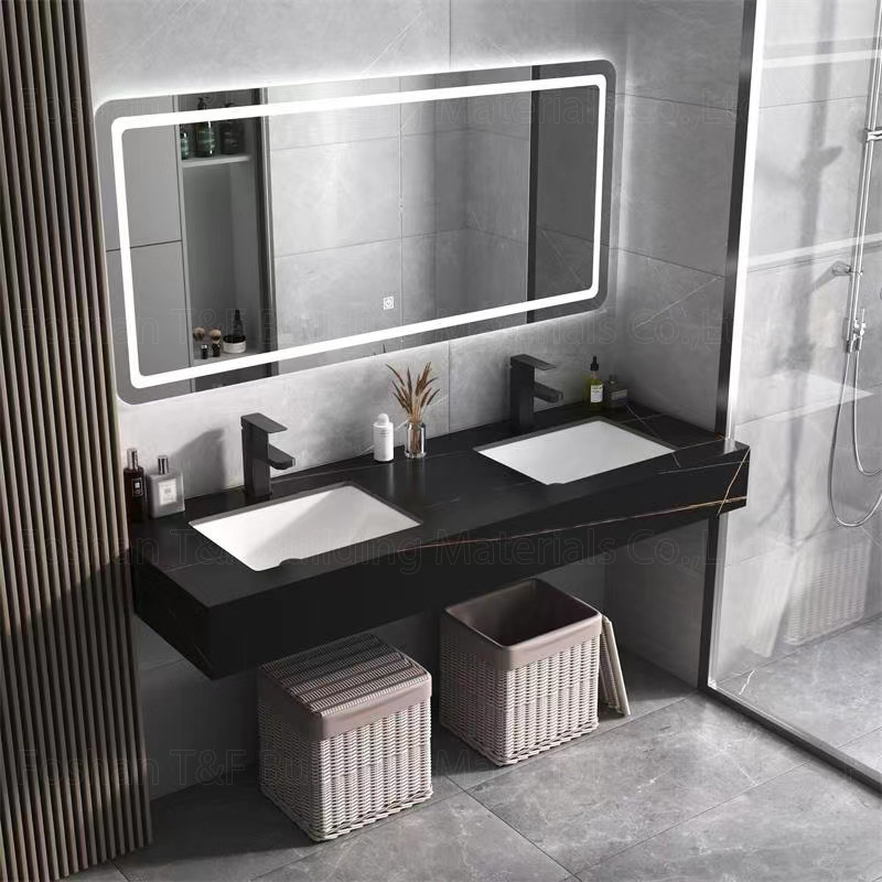 Modern Marble Hotel ห้องน้ำ Vanity Sintered Stone Basin Sink Cabinet Smart Led Mirror