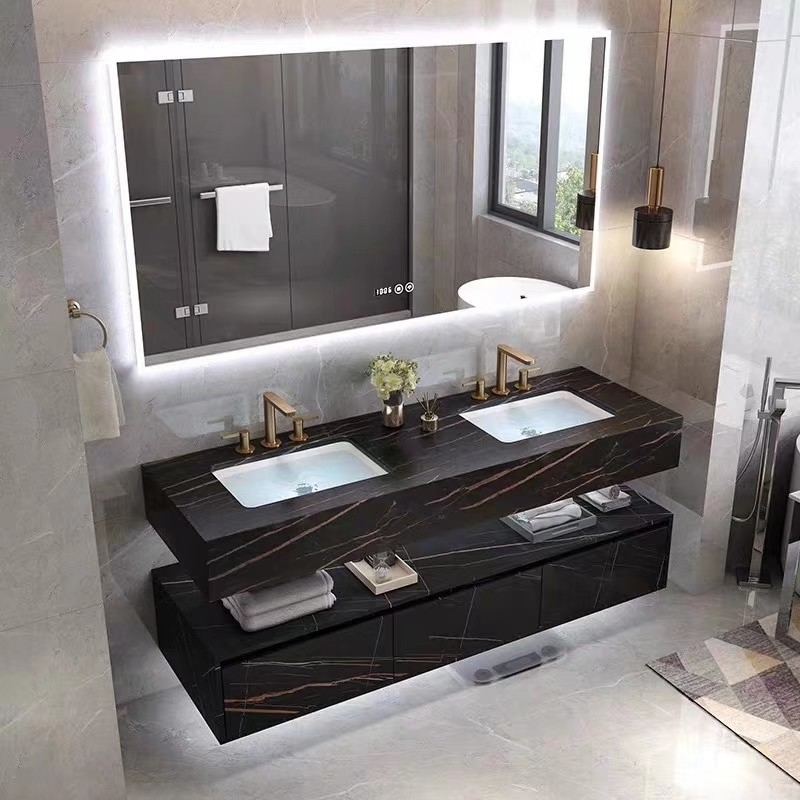 Modern Marble Hotel ห้องน้ำ Vanity Sintered Stone Basin Sink Cabinet Smart Led Mirror