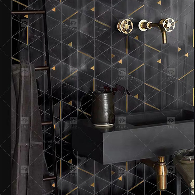 หินมะพร้าวสามเหลี่ยม โมไซค์หรูหรา กับสแตนเลส โลหะ โมไซค์ โต๊ะอาบน้ํา Backsplash