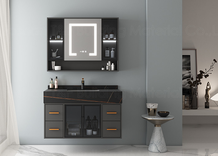 หรูหราทันสมัยแขวนผนังห้องน้ำ โต๊ะเครื่องแป้ง หน่วยตู้ HD สมาร์ท LED กระจกสีเงิน