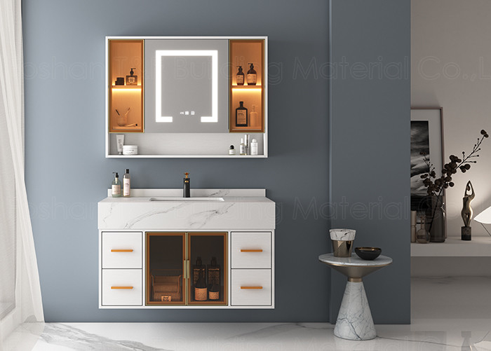 หรูหราทันสมัยแขวนผนังห้องน้ำ โต๊ะเครื่องแป้ง หน่วยตู้ HD สมาร์ท LED กระจกสีเงิน